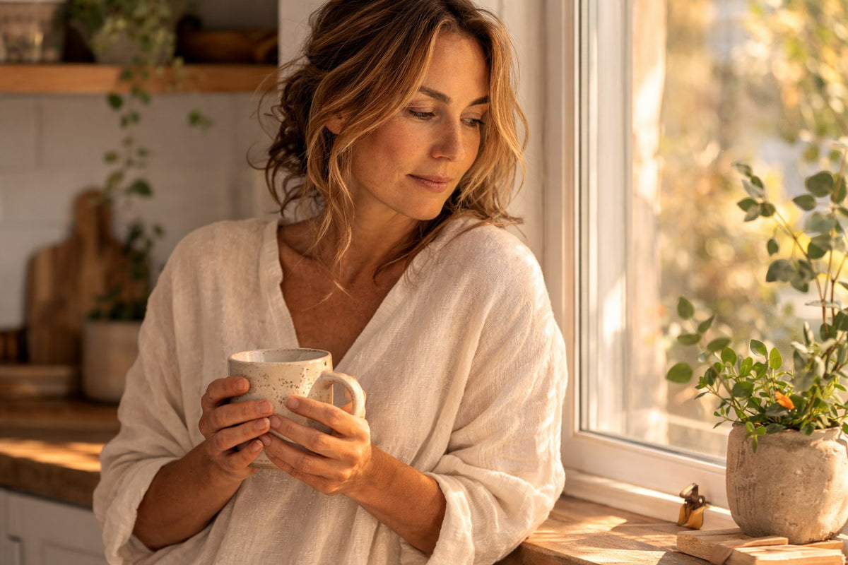 Woman enjoying a slow morning with coffee by a sunlit kitchen window